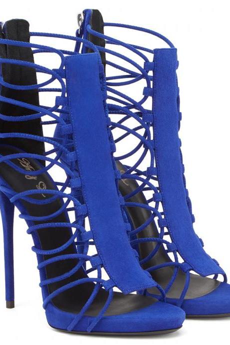 Zipper Ribbon High-heeled Women&amp;amp;amp;#039;s Handmade High-heeled Sandals-blue