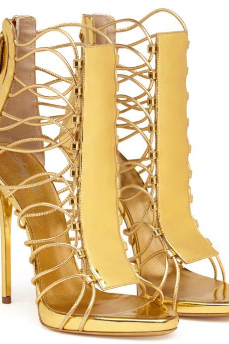 Zipper Ribbon High-heeled Women&amp;amp;amp;#039;s Handmade High-heeled Sandals-golden