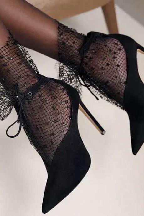 Pointed Lace Mesh Versatile High-heeled Stiletto Shoes
