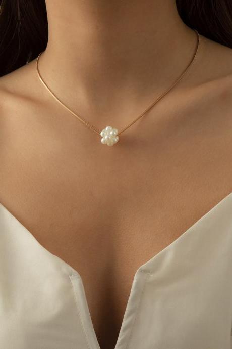 Vintage Square Snake Bone Chain Necklace Baroque Imitation Pearl Flower Necklace