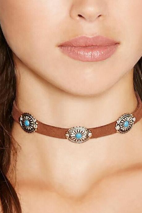Bohemian Style Retro Simple Metal Flower Plate Turquoise Neck Chain Collar