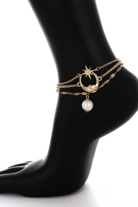 Beach Foot Ornament Moon Star Temperament Pearl Anklet-golden