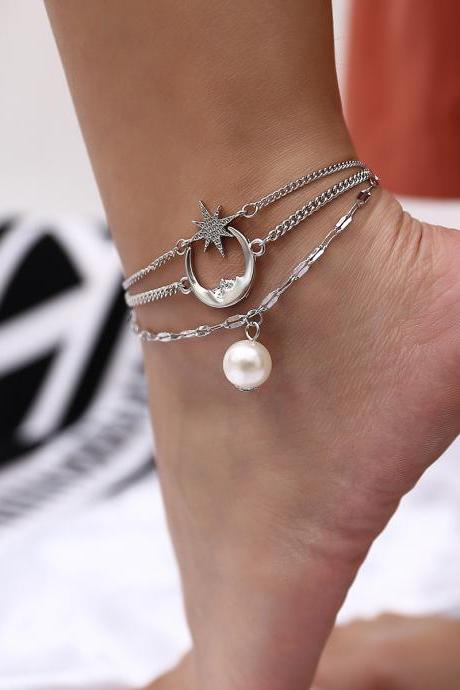Beach Foot Ornament Moon Star Temperament Pearl Anklet-silvery