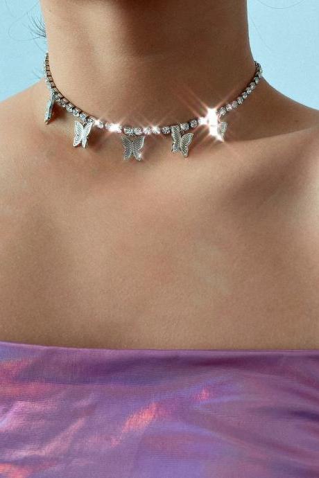 Geometric Single-layer Three-dimensional Diamond Inlaid Small Butterfly Tassel Necklace-4