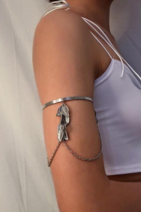 Open Hand Ornament Geometric Leaves Tassel Chain Pendant Arm Bracelet-silvery