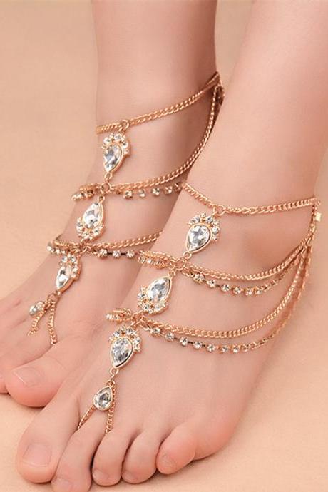 Water Drop Gem Diamond Inlaid Handmade Foot Chain-golden