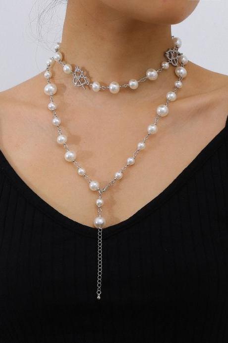Multi Layer Pearl Necklace With Hollow Out Micro Diamond Inlaid Heart Necklace