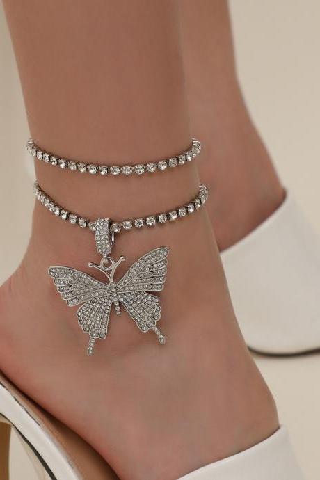 Versatile Chain Big Butterfly Element Foot Chain Fashion Diamond Inlaid Multi-layer Hybrid Foot Decoration-silvery