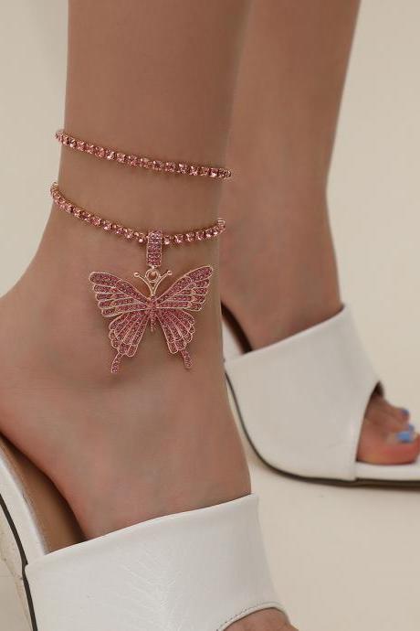 Versatile Chain Big Butterfly Element Foot Chain Fashion Diamond Inlaid Multi-layer Hybrid Foot Decoration-rose Golden
