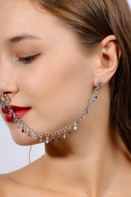 Exaggerated Punk Earrings Geometric Diamond Tassel Chain Earrings Nose Clip-silvery