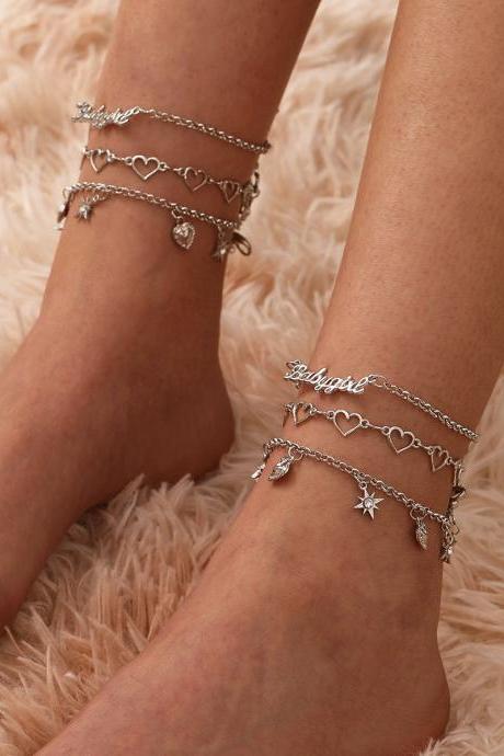Fashion Rhinestone Foot Chain Multi-layer Chain Love Foot Decoration-silvery