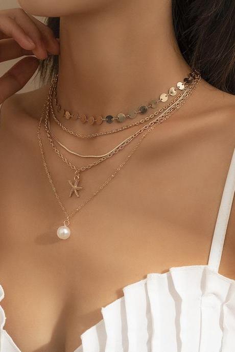 Copper Sequin Pearl Pendant Set Necklace Punk Starfish Metal Alloy Neck Chain-golden