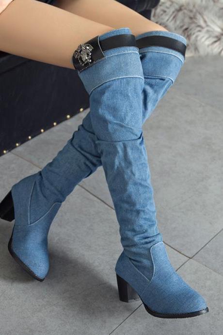 Denim Women's Boots Thick Heel High Heel Velvet High Tube Boots-blue