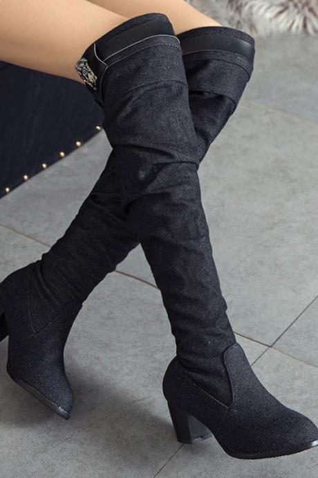 Denim Women's Boots Thick Heel High Heel Velvet High Tube Boots-black