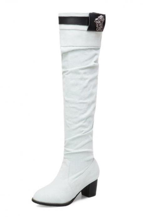 Denim Women&amp;amp;#039;s Boots Thick Heel High Heel Velvet High Tube Boots-white