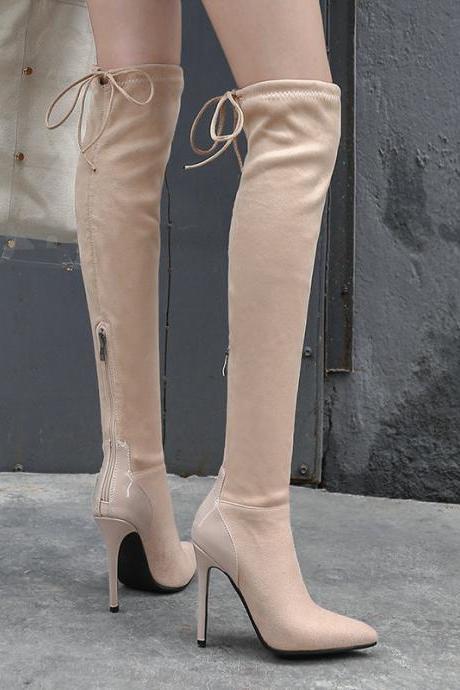 Pointed Suede Elastic High Heels Knee Boots-apricot