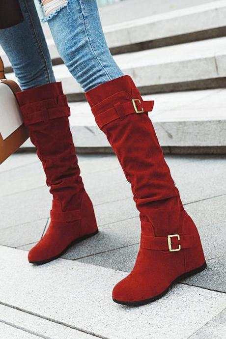 Autumn And Winter Retro Leisure Belt Buckle Inner Raised Knight Boots-red