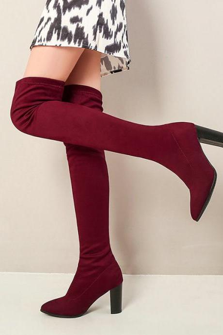 Autumn And Winter Over Knee Thick Heel Elastic Boots-red(plush)