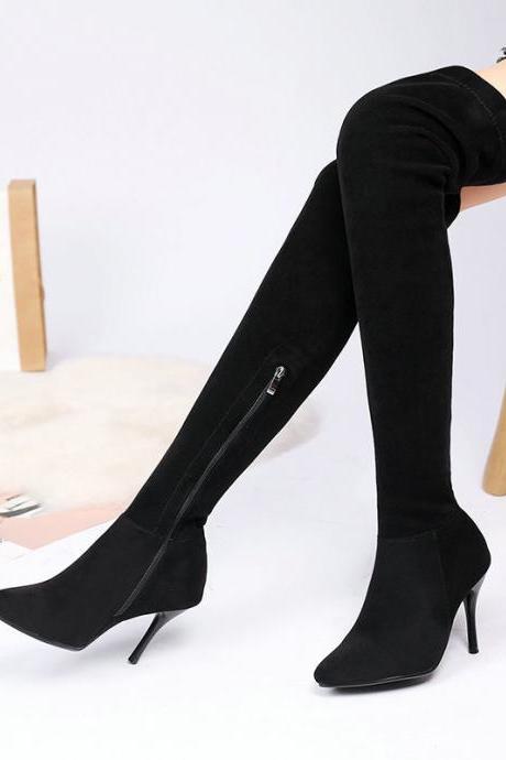 Suede Autumn And Winter High Heel Elastic Over Knee Boots-black