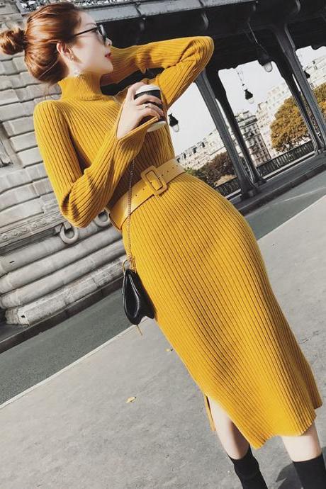 Yellow Medium And Long Knitted Slim Bottomed Sweater Dress ( Belt)