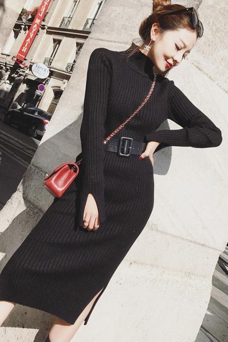 Black Medium And Long Knitted Slim Bottomed Sweater Dress ( Belt)