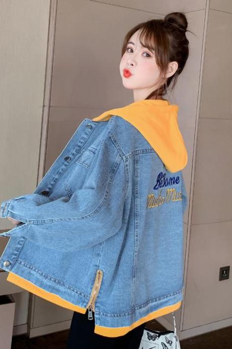Yellow Hat Loose Student BF Girl Denim Color Matching Coat