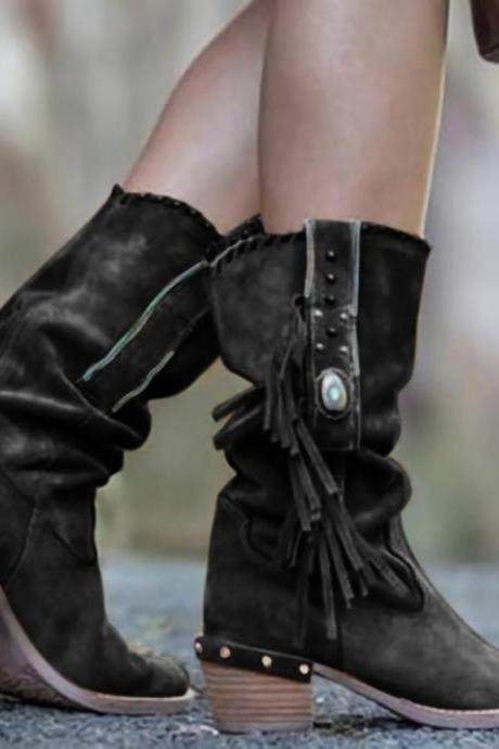 Black Autumn And Winter Thick Heel Medium Tube British Fashion Retro Women's Boots