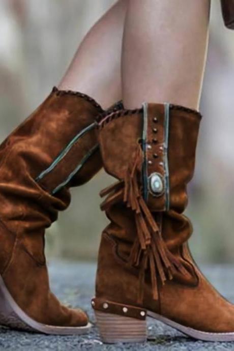 Dark Brown Autumn And Winter Thick Heel Medium Tube British Fashion Retro Women's Boots