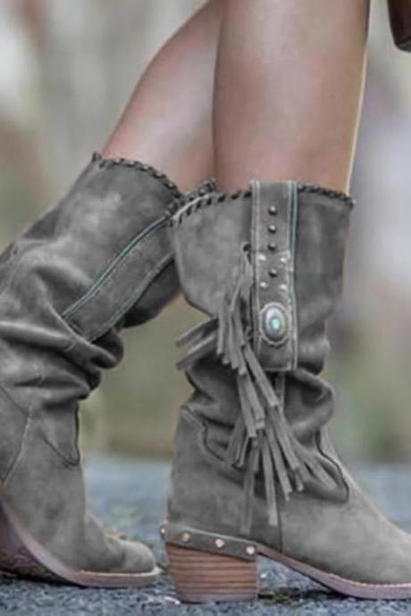 Gray Autumn And Winter Thick Heel Medium Tube British Fashion Retro Women's Boots
