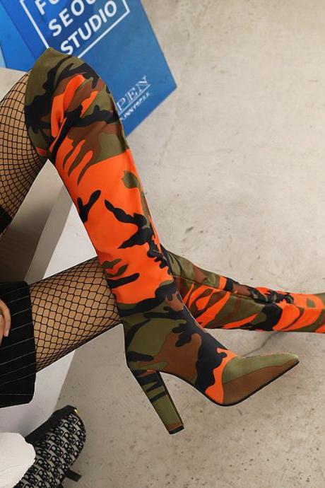Camouflage Autumn Winter Thick Heel Super High Heel Pointed Print Knee High Boots