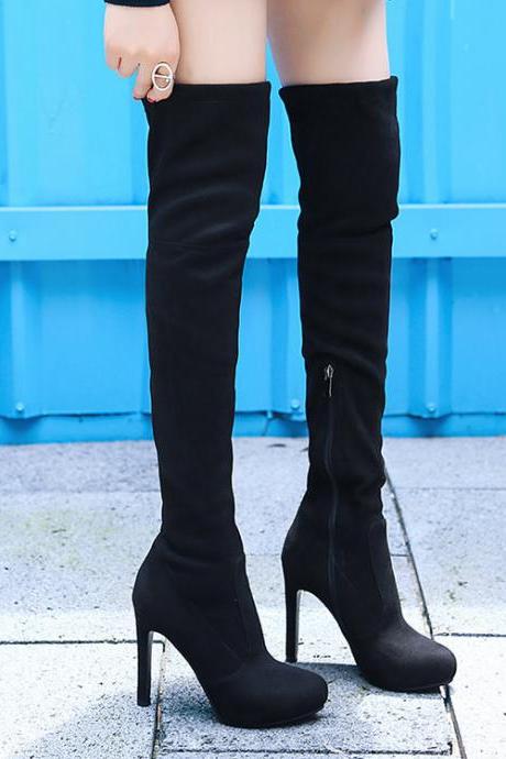 Black Autumn And Winter Suede High Heel Knee Stretch Boots
