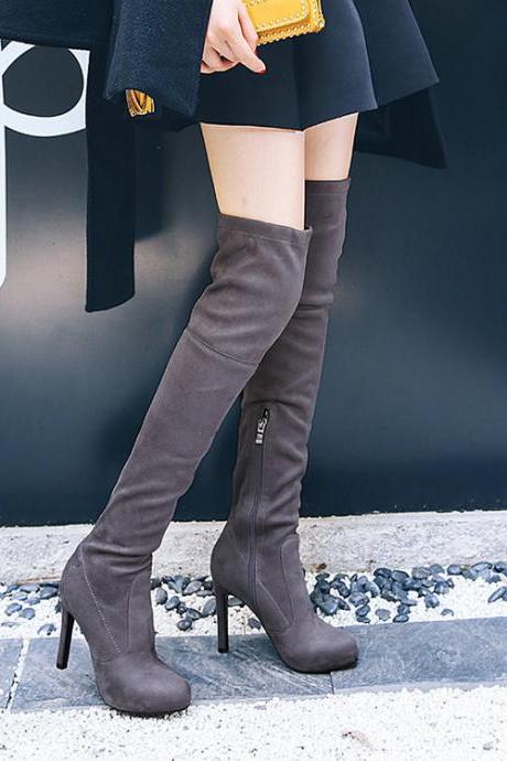 Gray Autumn And Winter Suede High Heel Knee Stretch Boots
