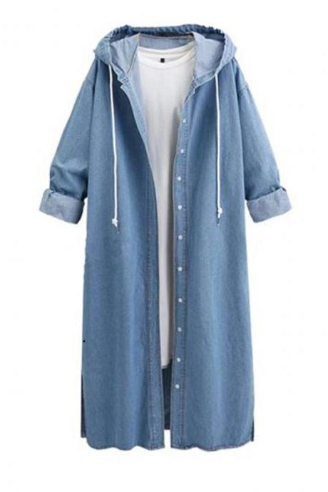 Light Blue Autumn And Winter Hooded Long Sleeved Denim Coat Single Breasted Long Windbreaker