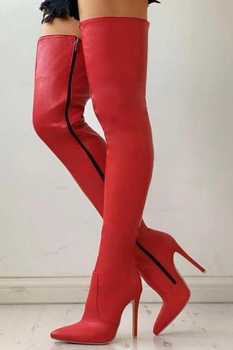 Red Pointed Side Zipper Alim High Heel Large Over Knee Boots