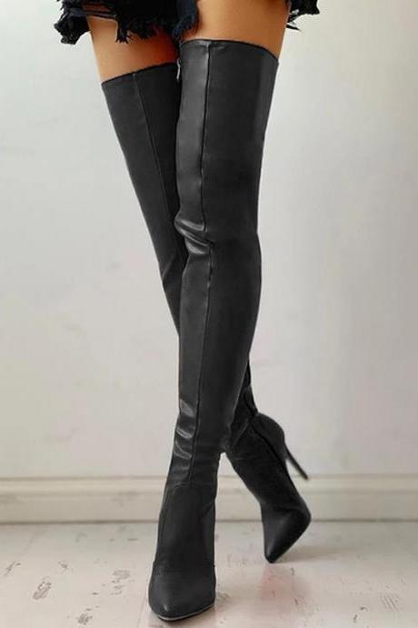 Black Pointed Side Zipper Alim High Heel Large Over Knee Boots