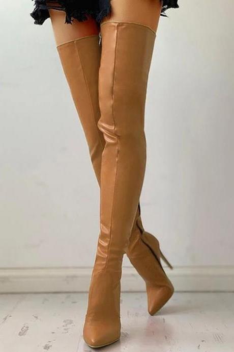 Brown Pointed Side Zipper Alim High Heel Large Over Knee Boots