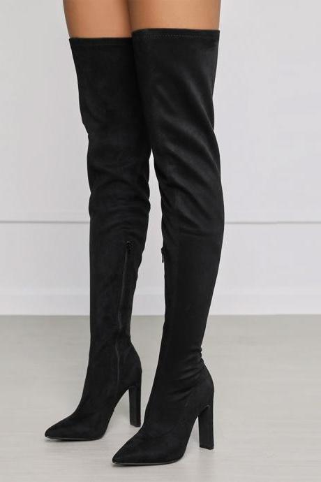 Black Side Zipper Pointed High Thick Heel Knee Elastic Boots
