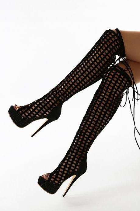Cut-out Lace Up Knee High Heel Sandals