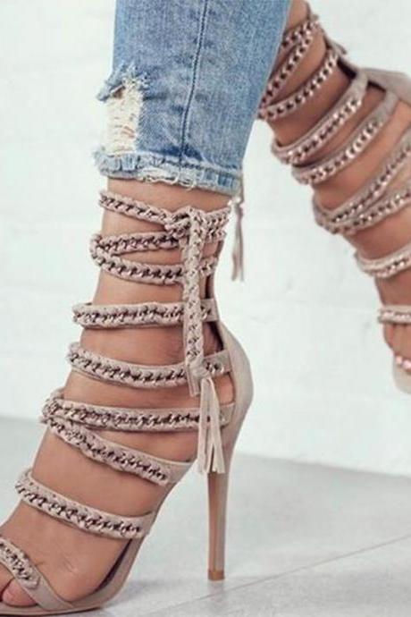 Khaki Fashion Cross Strap Stiletto Sandals
