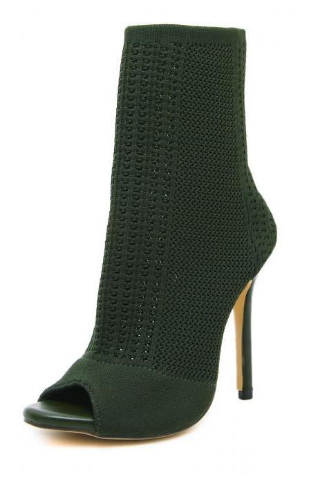 Green Knitted Wool Fish Mouth High Heel Boots