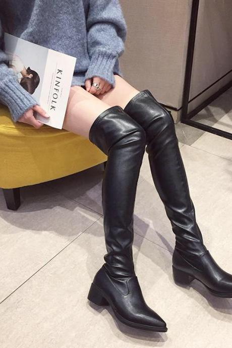 Pointy Sexy Nightclub Knee High Middle Heel Fashion Boots