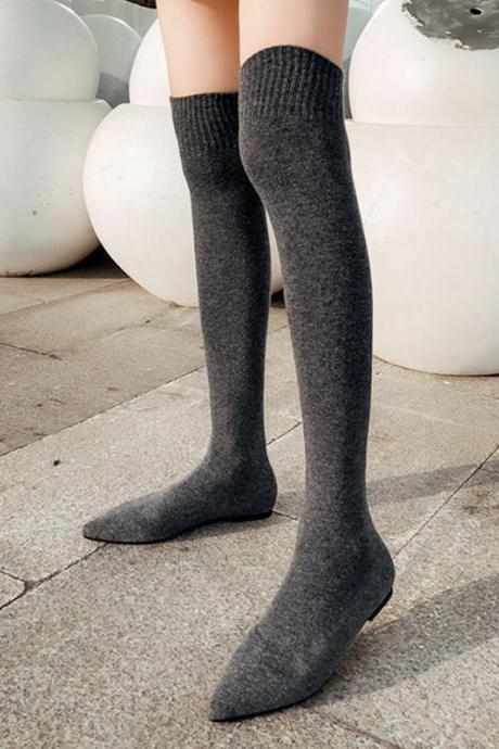Dark Gray Elastic Over Knee Flat Bottomed Pointed Knitted Boots