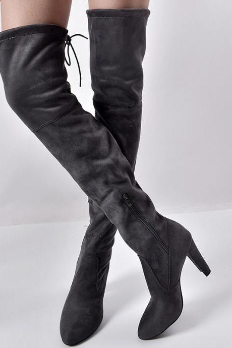 Gray Pointed Thick Heel Knee Stretch Boots