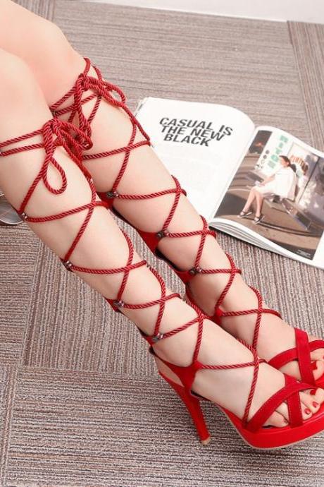 Bandage Roman Sandals Women's Hollow Open Toe Sandals-red