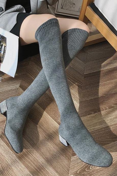 Gray Spring And Autumn Knee Stretch Sock Boots