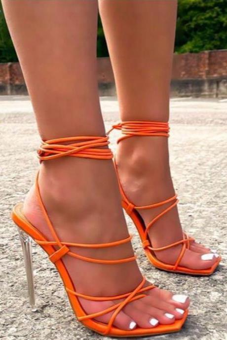 Orange Lace Up Crystal Transparent Thin Heel Lace Up High-Heeled Sandals