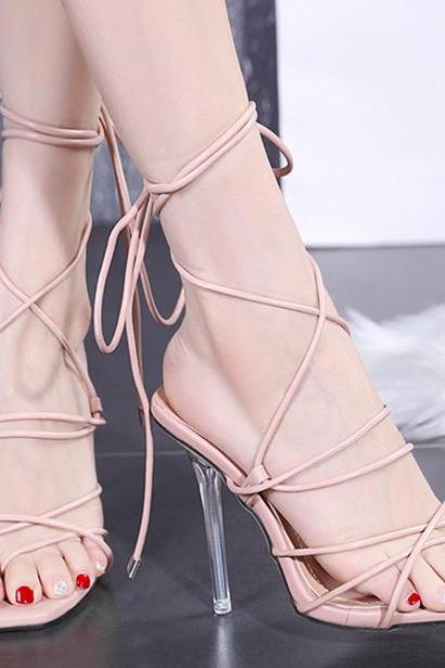 Apricot Lace Up Crystal Transparent Thin Heel Lace Up High-Heeled Sandals