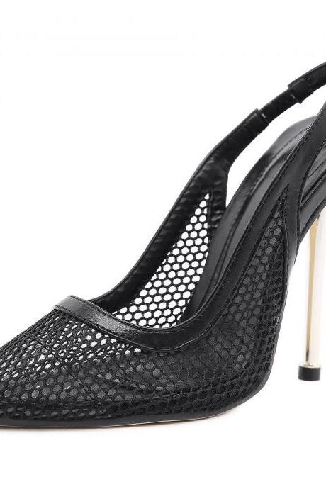 Black Metal High-Heeled Mesh Shoes Pointed Stiletto Sandals