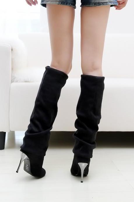 Black Suede elastic high heel Knee Boots