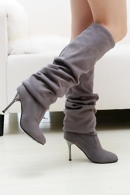 Gray Suede elastic high heel Knee Boots